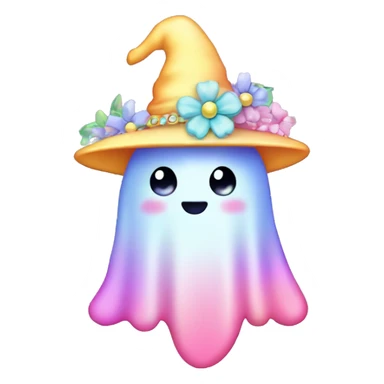Kawaii rainbow pastel bedazzled ghost wearing witch hat with flowers  sticker