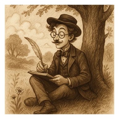 a whimsical poet in vintage attire, with a chapeau and round glasses, sitting under a tree, writing poetry about nature sticker
