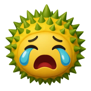 Change the durian character's expression to crying dramatically with big teardrops, keeping all other features the same: round, green spiky shell, yellow flesh, blushing, sparkly eyes. The original style is emoji style, so maintain the emoji look and feel in the edit. sticker