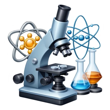 An icon featuring a microscope, a metal sample, and atomic structure symbols, symbolizing materials science. The design includes crystal lattices, polymers, and lab tools, representing the study of material properties and engineering. Transparent background highlights scientific analysis. sticker