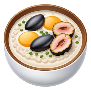 Guangzhou rice porridge congee with century egg and pork, simplified emoji style with bold outlines and bright colors, cartoon style Southern Chinese breakfast bowl sticker