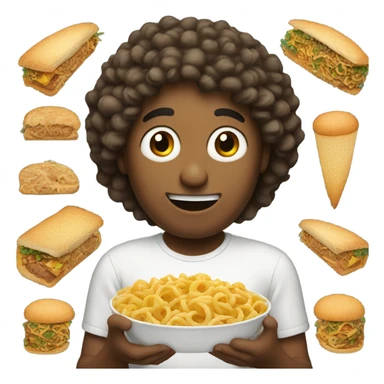 man with curly hair eating a lot of food sticker