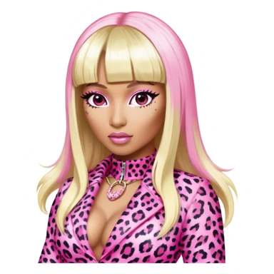 Nicki Minaj in pink and white leopard print outfit from Super Bass music video with bangs and split-dyed hair blonde on left side pink on right side sticker