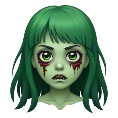 queria um emoji de zumbi verde de uma garota, olhos pretos, cabelos escuros e longos, com uma franja acima da sobrancelha  sticker