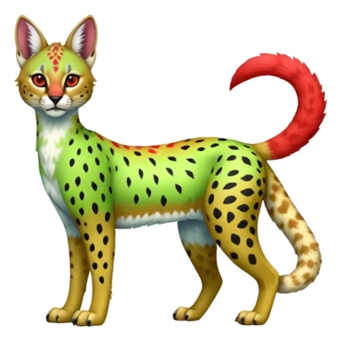 Colorful bluish cute adorable tropical exotic fruity kiwi-green lemony rosy neon-red Caracal-Cheetah-Serval-Snow-Leopard-Trico-Sergal-Vernid-fusion-hybrid-animal-creature, full body, with tribal markings sticker