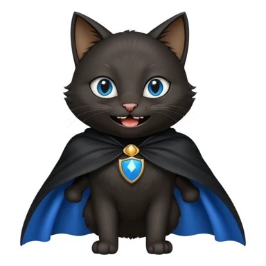 an all black anthropomorphic cat with blue eyes wears an all black cape and is smiling a mischievous sharp tooth grin sticker