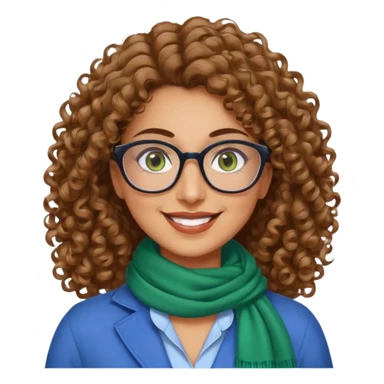 40 yr old Iranian woman, light brown very curly thick hair, shoulder length hair, green eyes, tan skin, big smile, big glasses, blue dress shirt with white scarf on neck sticker