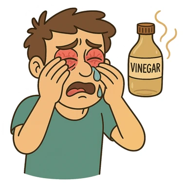A cartoon style illustration showing a vinegar bottle above a person, with a visible drop of vinegar falling into their red, watery eyes. The eyes are expressive and the image has no background. The style is cartoonish and vivid, emphasizing the vinegar bottle and the eyes with the falling drop. sticker