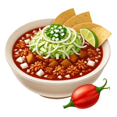 A delicious hot bowl of pozole rojo with separate sides next to the bowl: white chopped onions, green shredded cabbage, lime wedges, red chile de arbol salsa, and round tostadas sticker