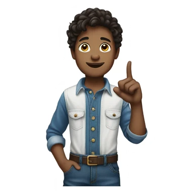 boy pointing to the sky from behind, half body, dark brown wavy hair, wearing blue jeans overalls and white shirt. sticker