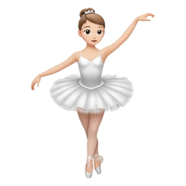A ballerina dancing with point shoes and in a white tutu with a ribbon on her waist, she has a slick bun and a great posture sticker