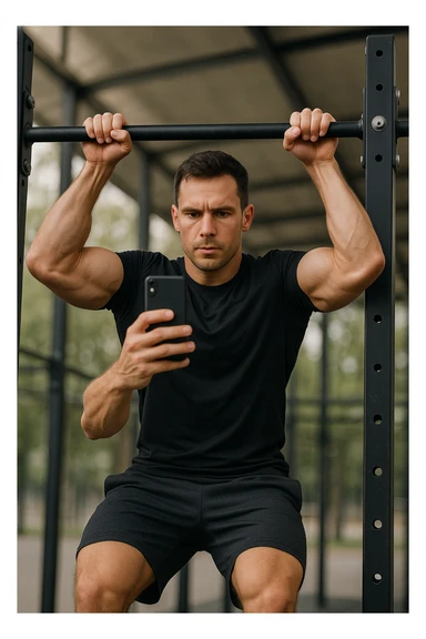 uomo che fa Muscle up e si sta filmando davanti con il telefonino per vedere la sua posizione dei gomiti e delle mani sulla sbarra sticker