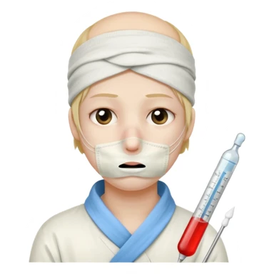 sick person with a termometer on her mouth and a bandage on the head sticker