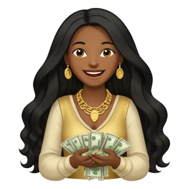 laughing dark long haired woman holding lots of money sticker