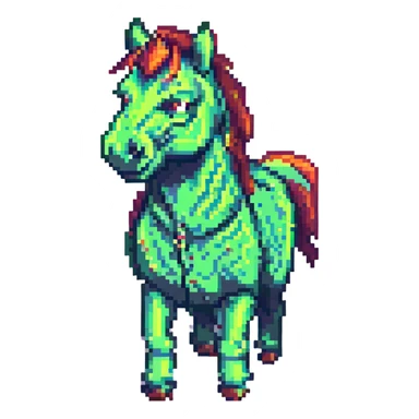 Make the green horse look angry in pixel art style with no background. sticker