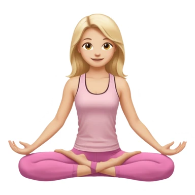 Create a young woman with long blonde hair, golden eyes, and medium-light skin tone, wearing a light pink tank top and leggings. She should be doing yoga, with a smile sticker