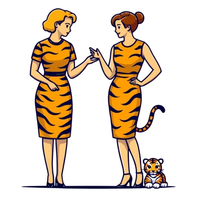 Two women chatting, dressed in leopard print and tiger print dresses sticker