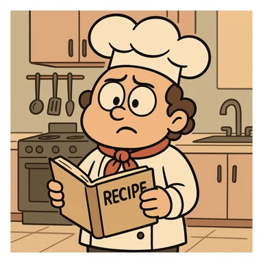 cute character chef with a puzzled expression, holding a recipe book, kitchen background sticker