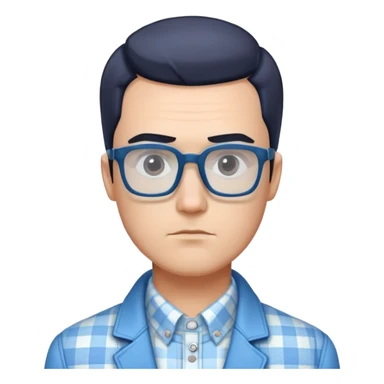 Man with square face, large dark square glasses, short straight hair combed to the side. Serious-relaxed expression. Light blue jacket, white shirt with blue checkered pattern. sticker