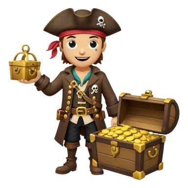 A 3D cartoon pirate character with one eye covered by a black eye patch, holding a treasure chest filled with gold coins and jewels, standing on sandy ground, wearing a pirate hat and coat, warm sunset lighting, realistic Memoji-style rendering. sticker