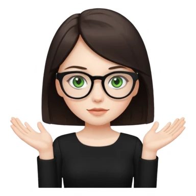 a cute white brunette girl with green eyes in a black dress wearing glasses  with two hands  sticker