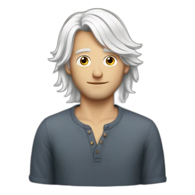 Insecure european guy with mid long white hair wearing a shirt sticker