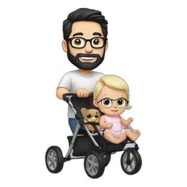 White man with Black hair,  beard and glasses pushing buggy with blonde baby sticker