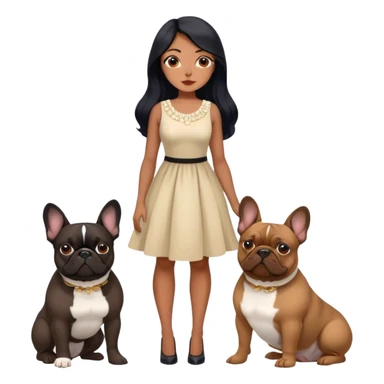 latin woman in a dress with long black hair standing alongside two French bulldogs  sticker