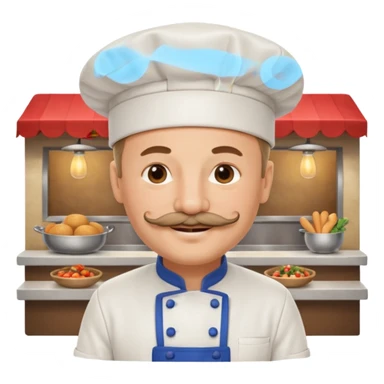 Est-ce que tu peux me faire un chef cuistot qui ressemble à Philippe Etchebest et qui est devant un restaurant? Est-ce que tu peux le faire souriant, avec une moustache de cuistot? 
 sticker