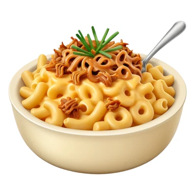 Bowl of Mac and cheese with chives and pulled pork sticker