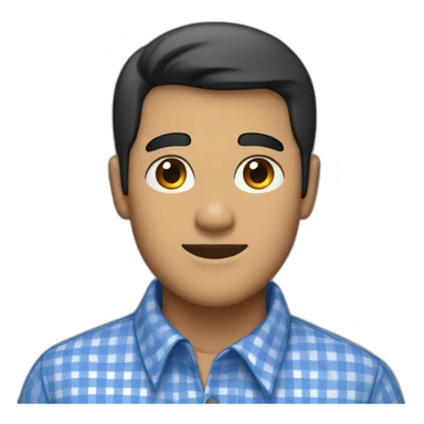 Tan man with short black hair and a gingham white/marine blue buttoned collar shirt sticker