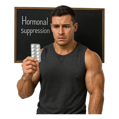 muscular young man in front of blackboard with text 'Hormonal suppression', holding blister pack of pills, worried look, hyper realistic details, isolated on white background sticker
