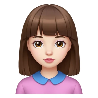 brown straight hair, bangs, big brown eyes, small nose, pale white skin, pink lips sticker