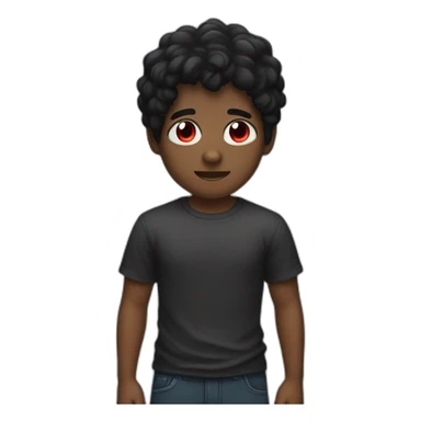 A dark boy with black hair wearing a T-shirt with red eyes sticker
