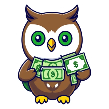 charming pastel-toned owl character, large green eyes, golden feathers, holding a money pouch in its feet, sticker style, emphasizing sparkling effect sticker