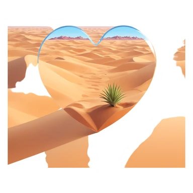 clear transparent heart shape with barren desert scene inside, just sand dunes, no plants, glassy effect sticker