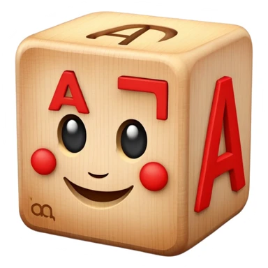 A wooden alphabet block with letter A and a cute smiling face sticker