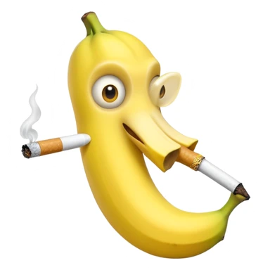 banana with banana-shaped eyes and mouth holding a cigarette sticker