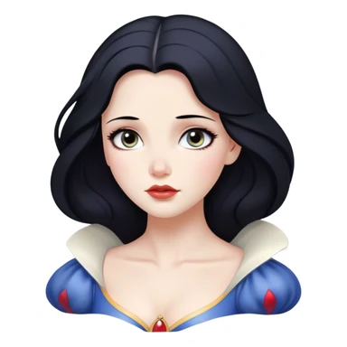 Cinematic Serene Snow White Portrait Emoji, rendered in a simplified vector style. Depict a gentle Snow White (chest and above) with flawless porcelain skin and flowing raven hair, her kind eyes and calm expression exuding a quiet, enchanting charm. The image glows softly with an inviting, pure light and is outlined with a subtle glow. sticker