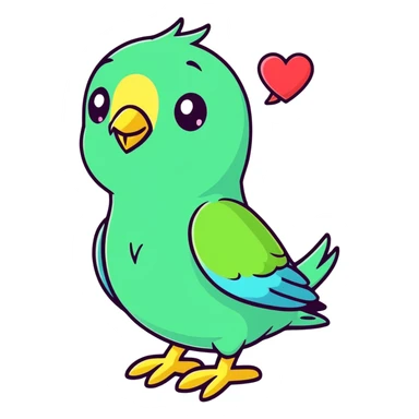 Green budgie with a heart sticker