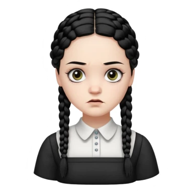 Draw Wednesday Addams with pale skin, black braids, white-collared dress & serious expression. sticker