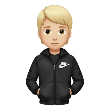 A boy with blond hair wearing a Nike jacket sticker