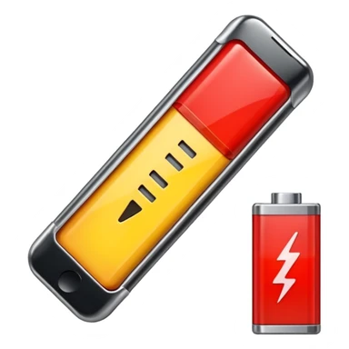 iPhone-style emoji of a battery that is almost empty, with a small red bar at the end indicating low energy. Clean, minimal, glossy look, transparent background. sticker