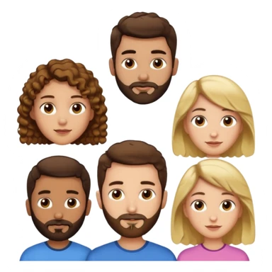 Gars cheveux bruns courts et barbe très courte, un gars avec cheveux bruns courts et barbe très courte, 1 fille cheveux bruns longs frisés, 1 fille cheveux longs blonds plats sticker