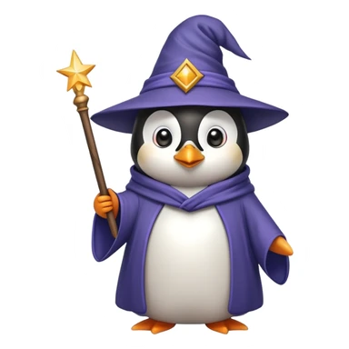 penguin wearing wizard hat and robe holding a magic wand sticker