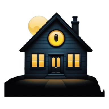 Minimalist emoji-style sticker of a house silhouette at night with a single lit window, and an eye visible inside. Flat, dark, quiet style.
 sticker
