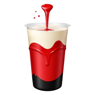 whey protein pouch, top half vibrant red, bottom half deep black, simple clean cup of milk with splash effect in the center, smooth minimal glossy emoji-like finish, bold and friendly, inspired by Apple emoji aesthetic sticker