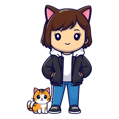 A brown straight-haired girl wearing black jacket with cats sticker