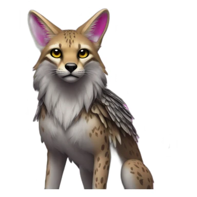 Coyote ocelot standing with grey and black fur and phoenix wings on back and pink ears half skeleton, neon lights sticker