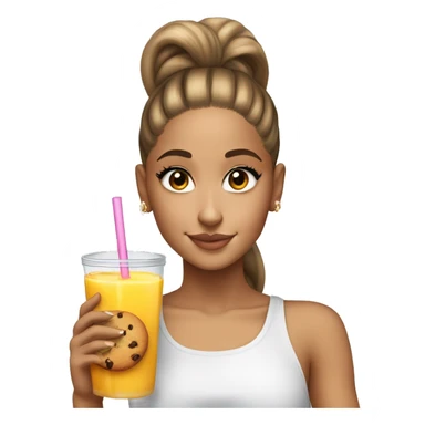 ariana grande with a high ponytail holding a glass of juice and a cookie  sticker